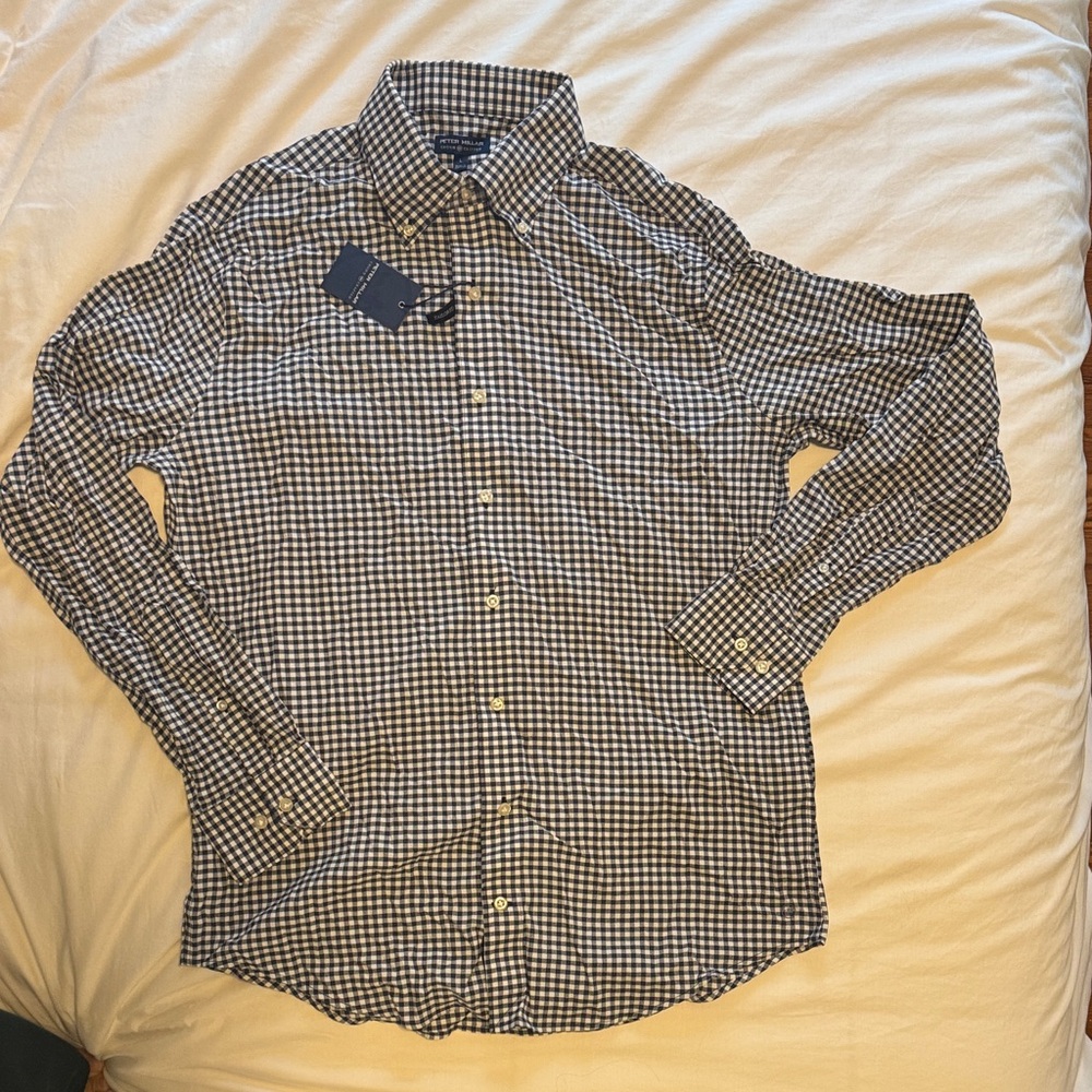NWT Men's navy and White gingham button up